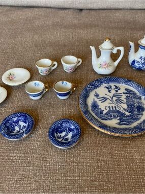 Porcelain Miniature Tea Set - Blue and White with Gold Trim